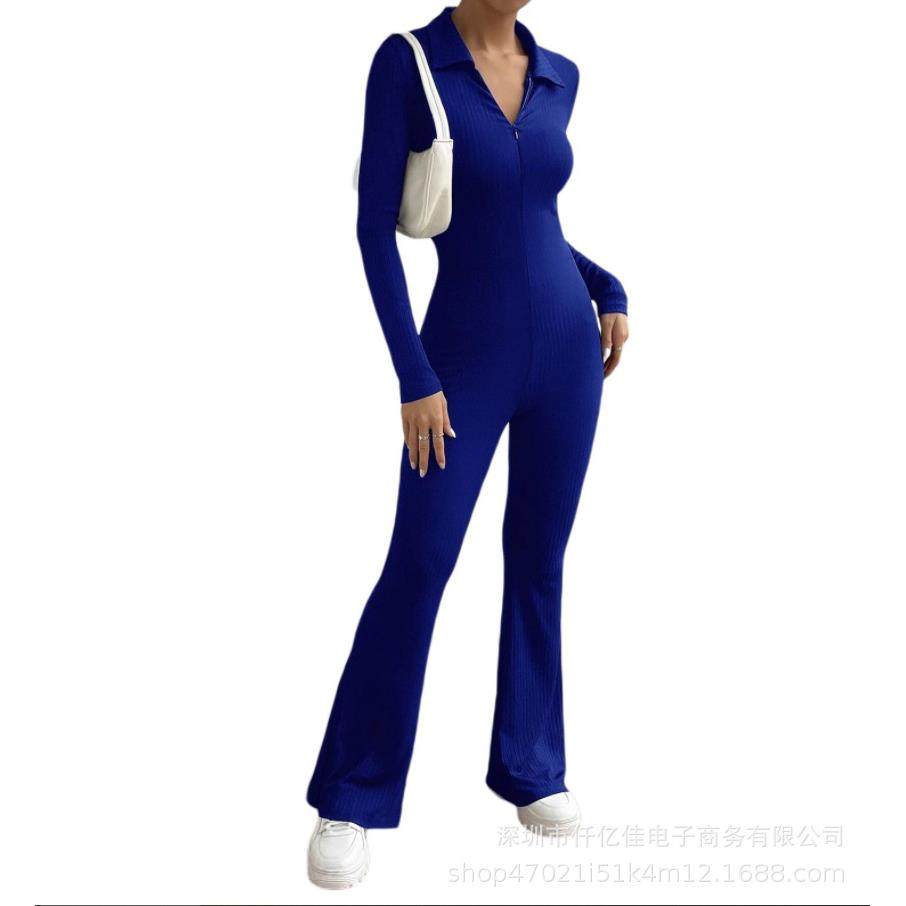 long jumpsuit women zipped turn-down collar rompers full
