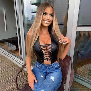 neck with leather exposed vest navel halter strappy sexy