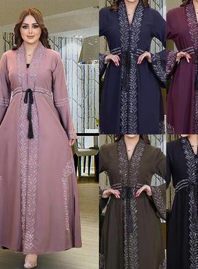 abayas long for with sets fit solid belt studded women
