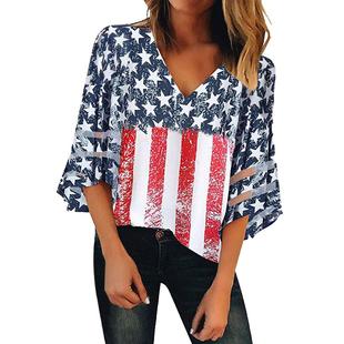Sleeve Ladies shirt Off Split Mesh Splicing shoulder Flag