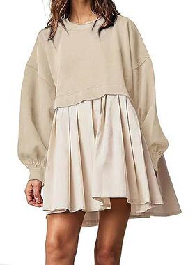 Womens Oversized Sleeve Paneled Flowy Neck Dress Long