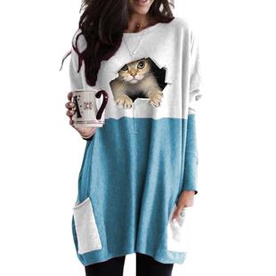 Stitching Cat Shirt Sleeve Long Color Round Neck Contrast