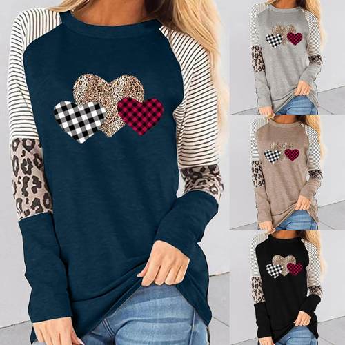 Womens Valentines Day Long Sleeve Stitching Casual T-shirt