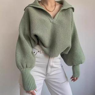 Sleeve Short Loose Womens Lazy Pullover Open Lantern Collar