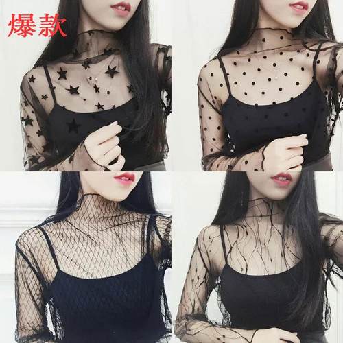 shirt mesh top long-sleeved sexy all-match in wear to girls
