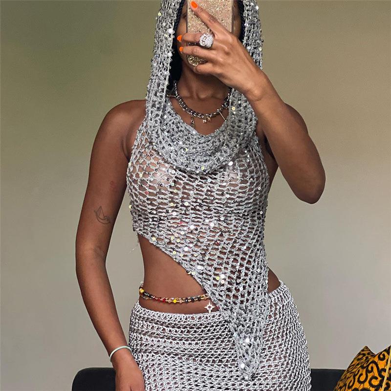 Fashionable street shot sequined reflective hooded sexy