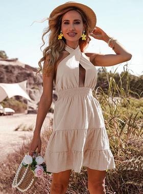 Women's Pleated Solid Color Halter Neck Dress