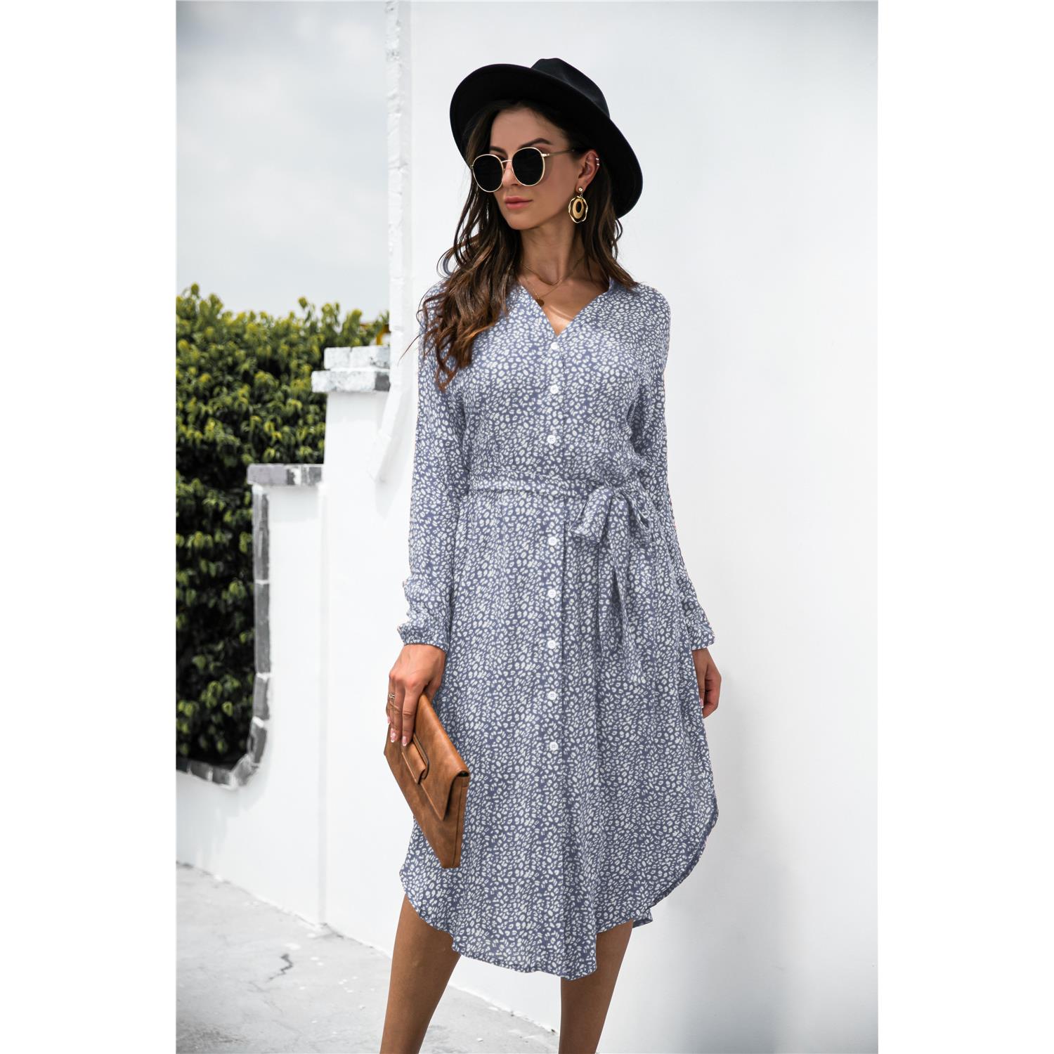 Long-sleeved leopard print shirt dress with slits