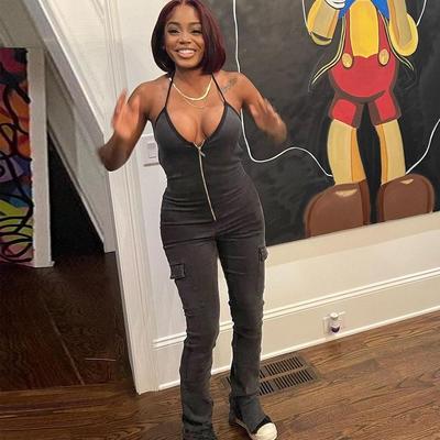 Womens zipper suspender hollow long denim sexy jumpsuit