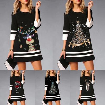 female dresses fashion casual splicing neck round winter