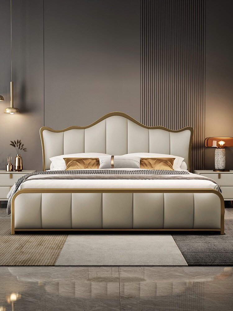 索菲亚官方现代轻奢简约真皮床高端齐边主卧双人大床意式实木软包
