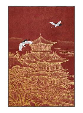 新中式装饰画客厅玄关壁画红色阁楼仙鹤肌理艺术竖版走廊过道挂画