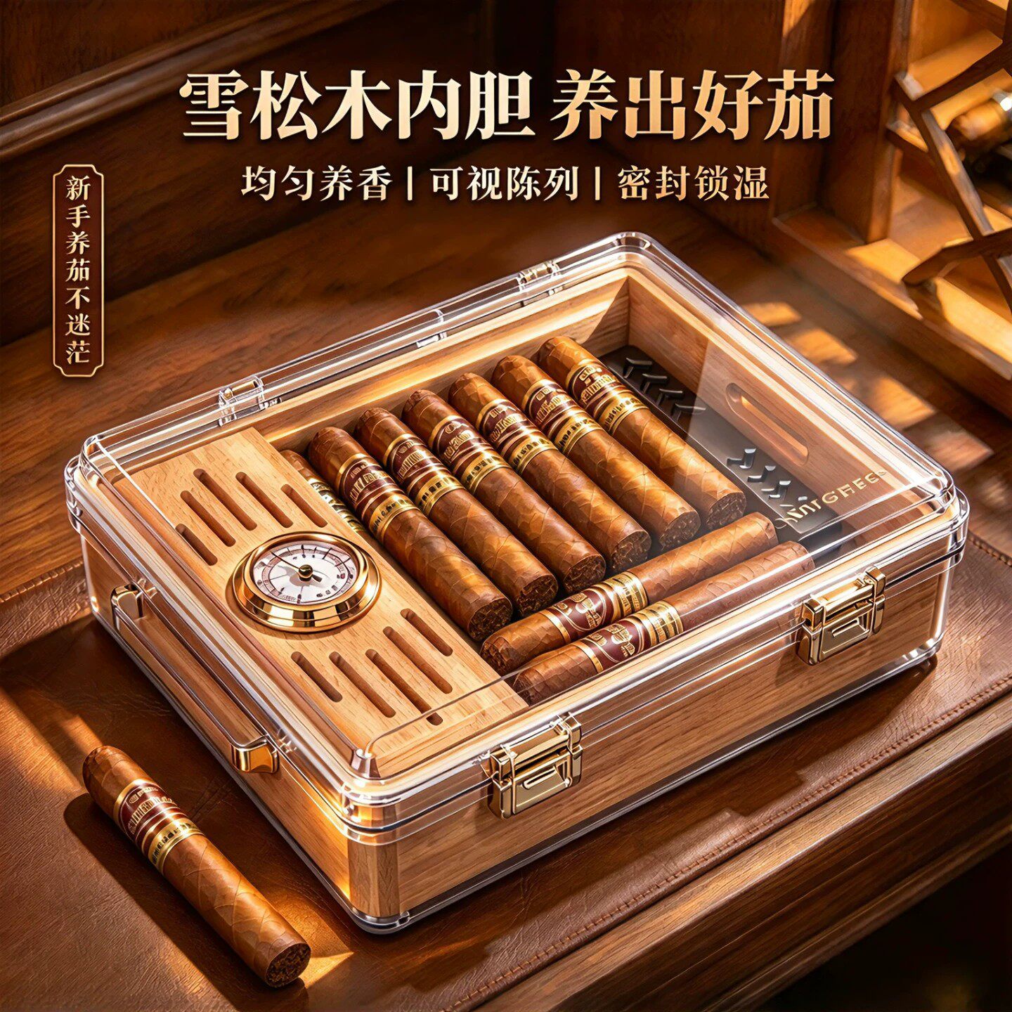 意大利高档雪茄保湿盒大容量优质雪松木养茄箱便携式密封乐扣烟盒