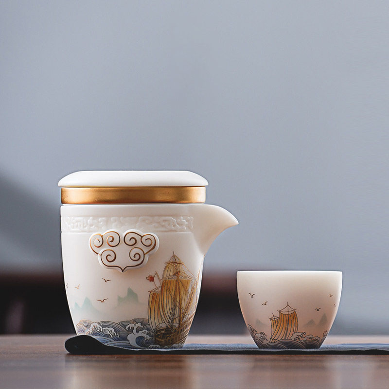 中式高端羊脂玉泡茶壶户外便携陶瓷旅行茶具套装高级感云纹分茶器