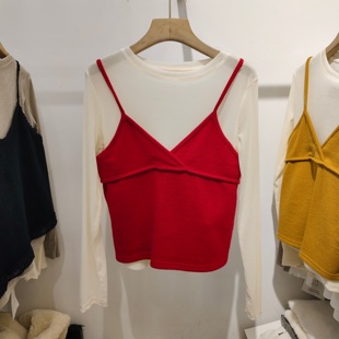 早春时尚羊毛吊带背心+圆领长袖丝绒T恤女洋气两件套上衣2026新款