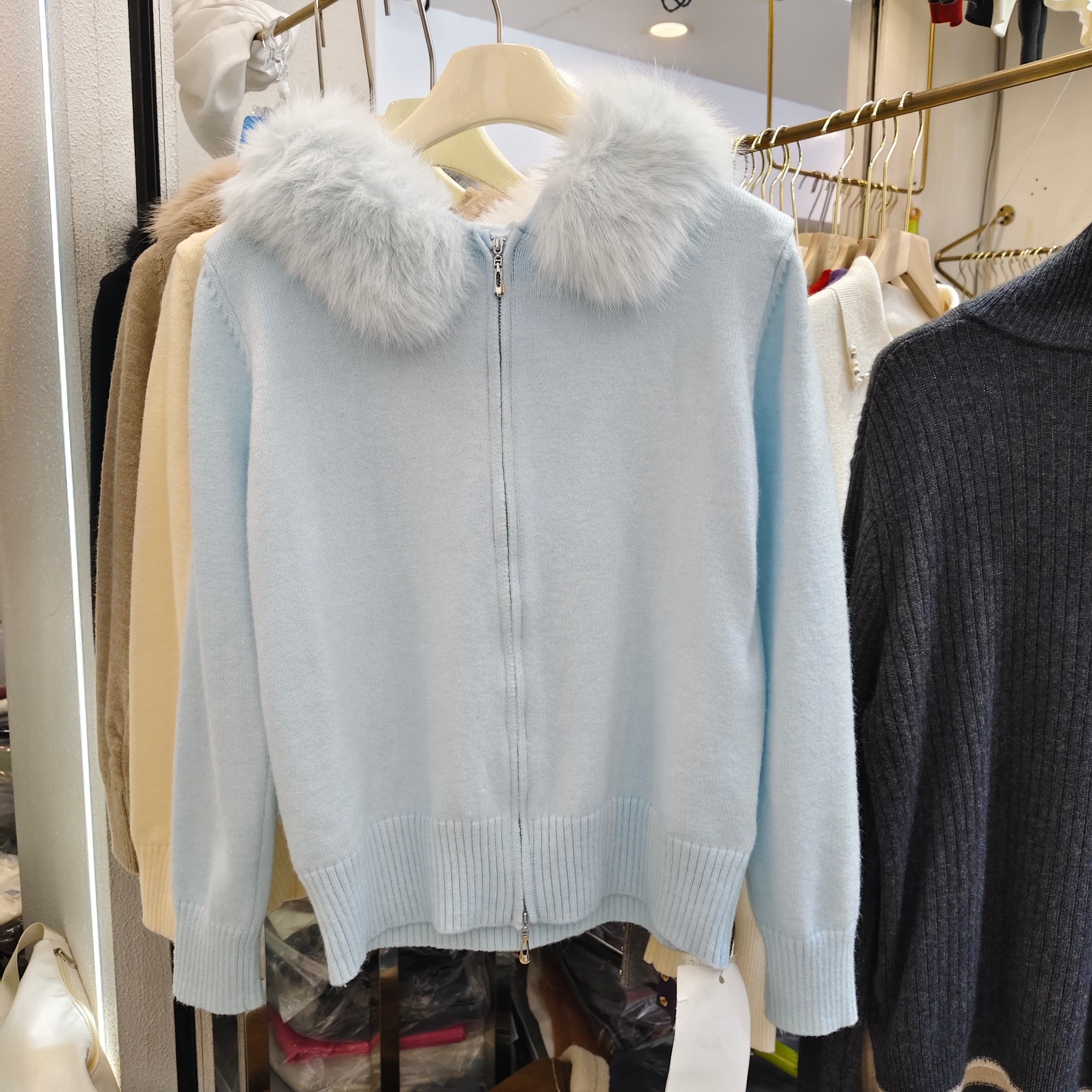 毛领连帽双拉链针织开衫女