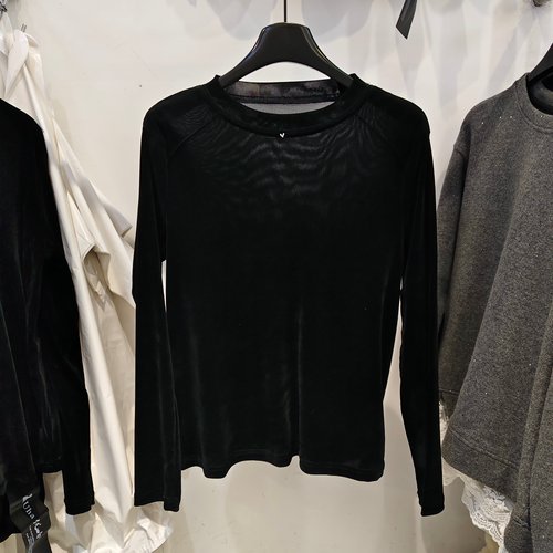 简约百搭圆领长袖黑色丝绒T恤女