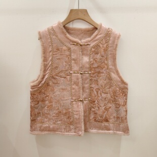 新中式双面穿重工刺绣圆领厚马甲女国风盘扣人丝上衣2026早春新款