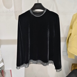 早春新款洋气假两件长袖丝绒T恤女设计感百搭显瘦圆领打底衫2026