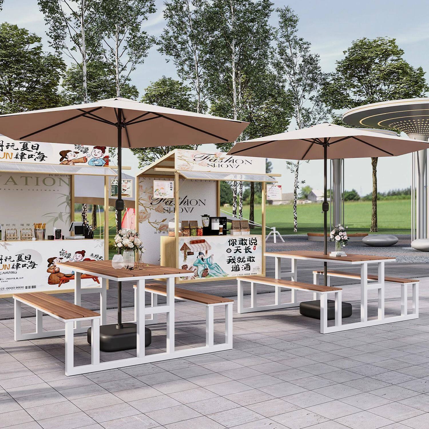 户外铁艺连体桌椅组合防晒简约美食街公园带伞餐桌椅套装庭院休闲