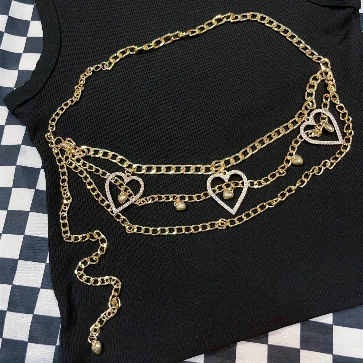 thumbnail for Subculture Y2K Millennial Love Rhinestone Gold Retro Hip Hop Fashion Women's Double Street Sexy Waist Chain