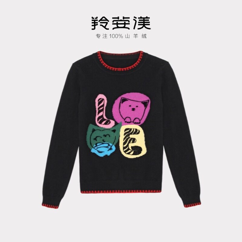 创意牙刷嵌花！圆领加厚山羊绒衫女纯羊绒毛衣宽松显瘦套头毛衣厚,女装/女士精品,羊绒衫,淘宝优惠券,粉丝福利购,淘宝优惠卷