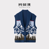 羚荌渼学院风复古几何图案V领无袖 羊绒针织马甲女蓝色开衫 背心