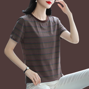 中老年妈妈半袖 条纹短袖 纯棉减龄遮肚小衫 t恤女新款 上衣 2025夏装