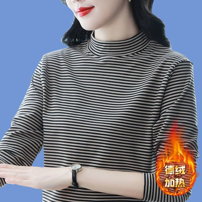 女士德绒高领打底衫女秋冬妈妈新款加绒加厚条纹长袖t高级感上衣