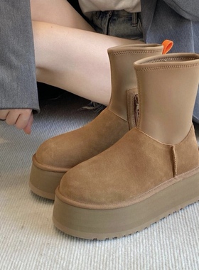 KIKIBEST【五层底】厚底增高牛皮雪地靴女弹力高帮加绒加厚铅笔靴