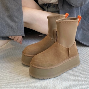 KIKIBEST【五层底】厚底增高牛皮雪地靴女弹力高帮加绒加厚铅笔靴