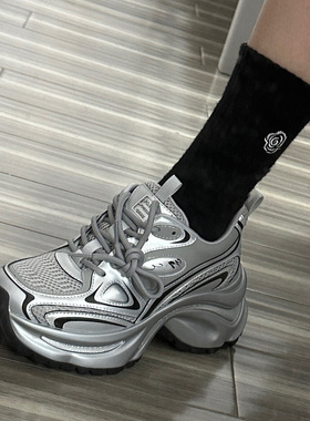 KIKIBEST银色厚底老爹鞋女2024春季新款复古休闲运动鞋子