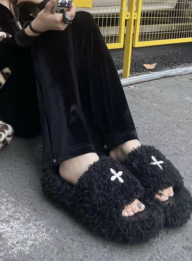 KIKIBEST 十字花厚底外穿丝绒毛毛拖鞋女新款秋冬加绒增高一字拖