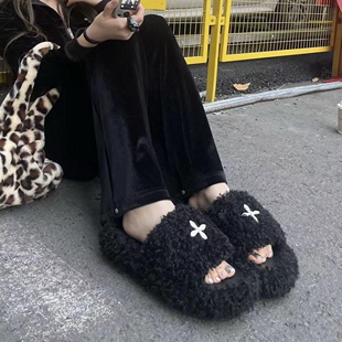 KIKIBEST 十字花厚底外穿丝绒毛毛拖鞋女新款秋冬加绒增高一字拖