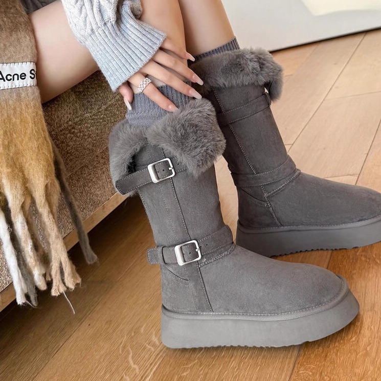 KIKIBEST灰色厚底加绒加厚雪地靴女中长同靴冬季可翻边保暖棉鞋