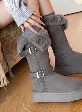 KIKIBEST灰色厚底加绒加厚雪地靴女中长同靴冬季可翻边保暖棉鞋