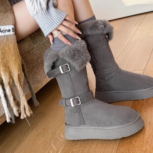 KIKIBEST灰色厚底加绒加厚雪地靴女中长同靴冬季可翻边保暖棉鞋