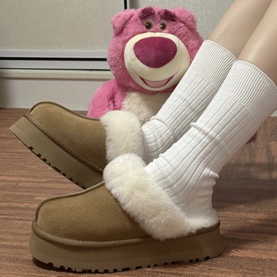KIKIBEST【三层底】厚底牛皮雪地靴女外穿毛毛拖鞋加绒包头棉拖鞋