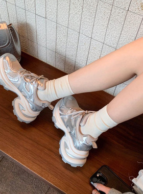 KIKIBEST银色老爹鞋女2024夏季新款网面透气厚底增高休闲运动鞋子