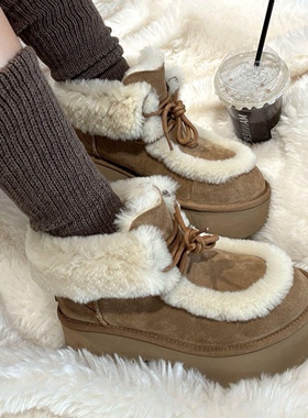 KIKIBEST新款厚底增高系带时尚雪地靴女加绒保暖百搭冬季毛毛棉鞋