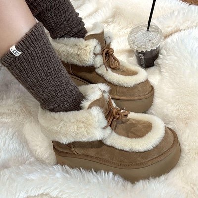 KIKIBEST新款厚底增高系带时尚雪地靴女加绒保暖百搭冬季毛毛棉鞋