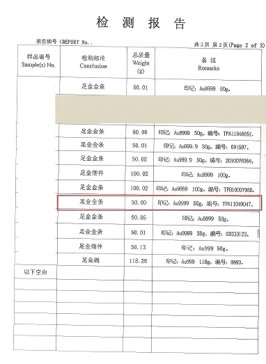 8号标的：足金金条1件（建行金50g）