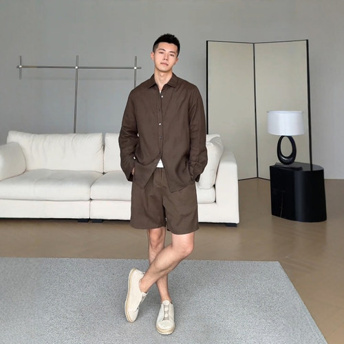 老钱风亚麻套装男士穿搭一整套高级感慵懒长袖防晒衬衫配透气短裤