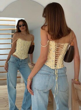 碎花抹胸鱼骨收腰吊带女Floral strapless fish bone waist strap