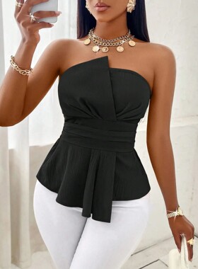 纯色抹胸修身上衣Solid color strapless slim fit top for women