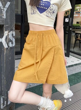 高腰休闲宽松短裤女High waisted patchwork casual loose shorts