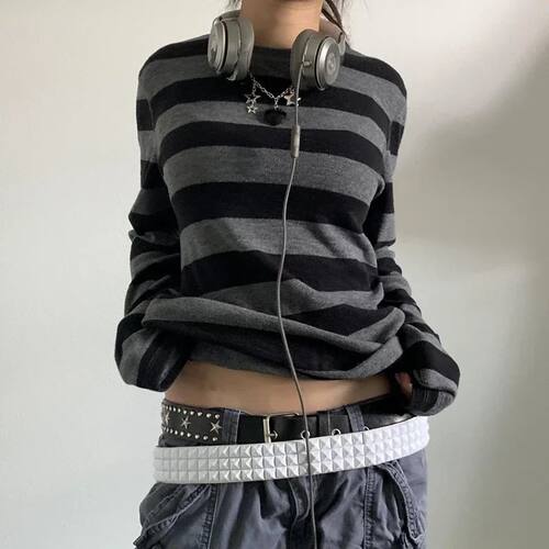欧美风宽松条纹长袖T恤女