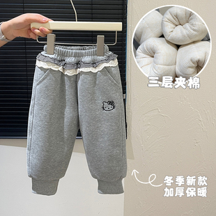 儿童保暖棉裤 宝宝卫裤 潮款 裤 女童秋冬季 子童装 三层夹棉加厚休闲裤