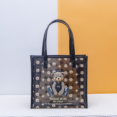 透明FD熊黑色透明手提袋上班族果冻包大容量学生补习书本手提袋子