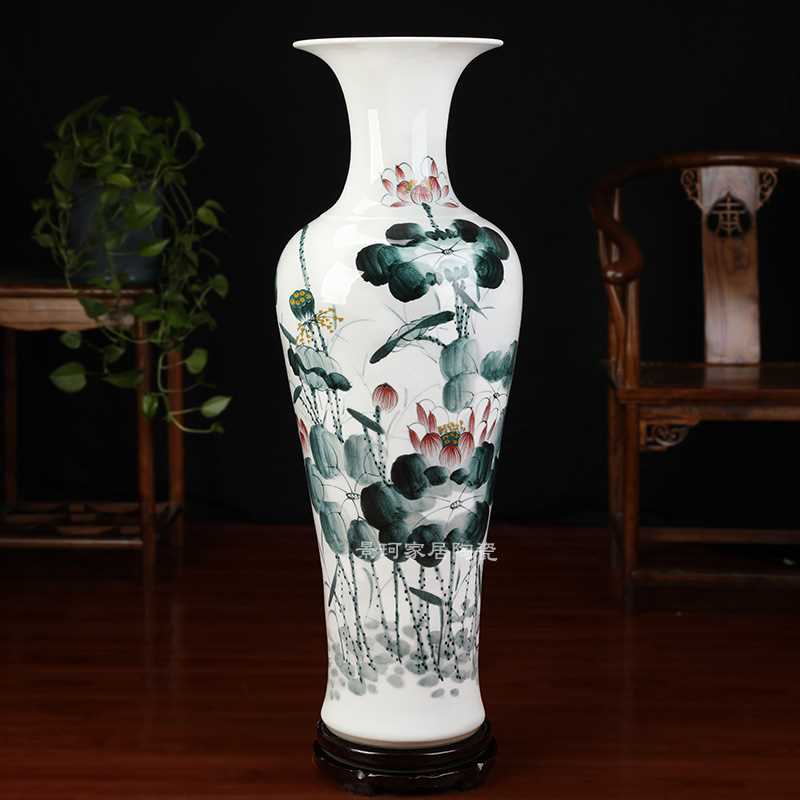 高档景德镇陶瓷器大号落地花瓶客厅摆件大码手绘荷莲花青花瓷年年